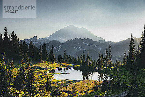 Tipsoo-See bei Sonnenuntergang mit einer Spiegelung des Mount Rainier  Washington