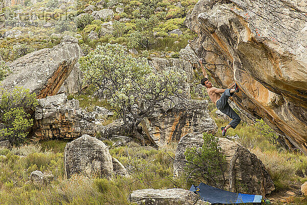Sportlicher Mann klettert draußen auf einen Felsblock in einer grasbewachsenen  felsigen Landschaft