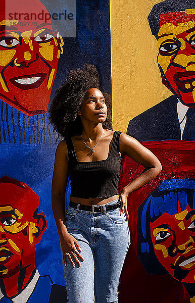 Schöne Künstlerin in goldenem Licht zeigt ihr Wandgemälde der schwarzen Helden