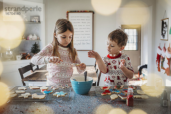 Junge und Mädchen schmücken Weihnachtsplätzchen