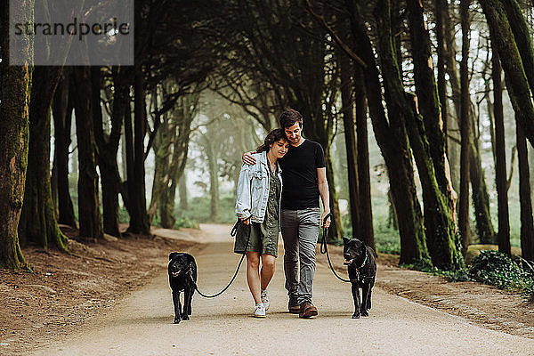 Paar  das sich umarmt  während es mit seinen Hunden an der Leine eine Straße im Wald entlang geht