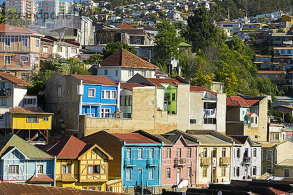 Bunte Häuser vom Camino Cintura aus gesehen  Valparaiso  Chile