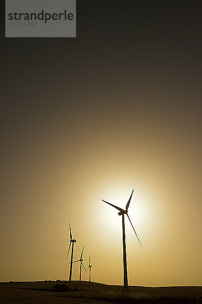 Windmühlen zur Stromerzeugung bei Sonnenaufgang.