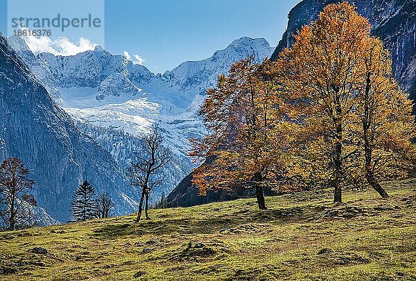 Herbstlandschaft im Rißtal am Großen Ahornboden  Engalpe  Eng  Gemeinde Hinterriß  Karwendelgebirge  Alpenpark Karwendel  Tirol  Österreich  Europa
