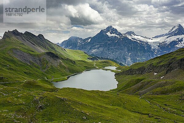 Bachalpsee und die Gipfel Schreckhorn und Finsteraarhorn  Grindelwald  Berner Oberland  Schweiz  Europa