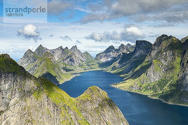 Aussicht vom Berg Reinebringen auf Reinefjord  Fjord und Bergen  Reinefjord  Lofoten  Norwegen  Europa