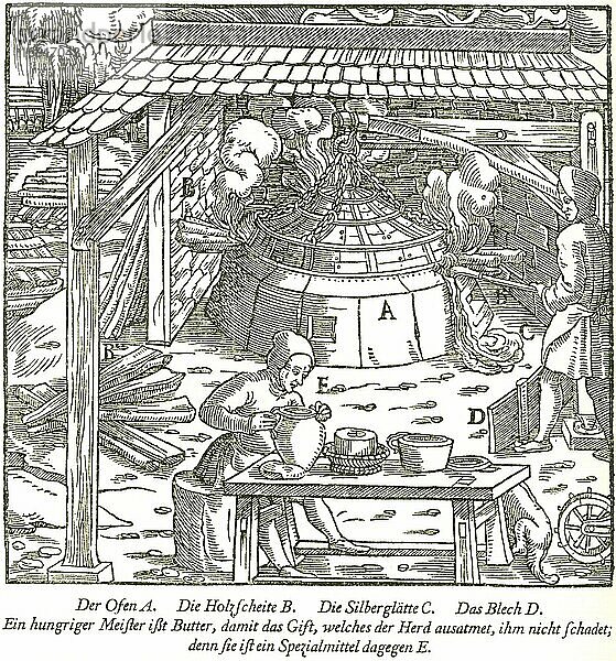 Treibofen in Betrieb  historische Darstellung aus Georgius Agricola  De re metallica libri XII  Berg- und Hüttenwesen  Metallkunde  erschienen 1556