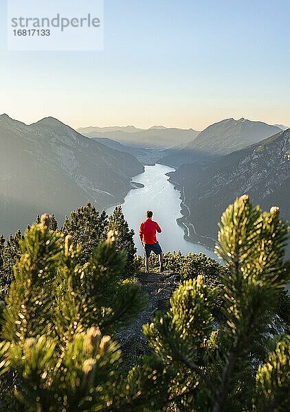 Bergsteiger  junger Mann blickt über Berglandschaft  Latschenkiefern am Gipfel des Bärenkopf  Ausblick auf den Achensee bei Sonnenuntergang  Karwendel  Tirol  Österreich  Europa