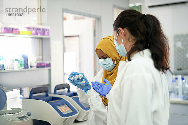 Wissenschaftlerinnen mit Gesichtsmasken und Probenhalter im Labor