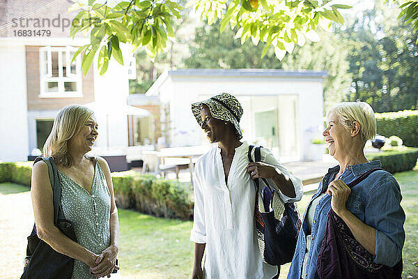 Glückliche ältere Frauen Freunde im Gespräch in sonnigen Sommergarten