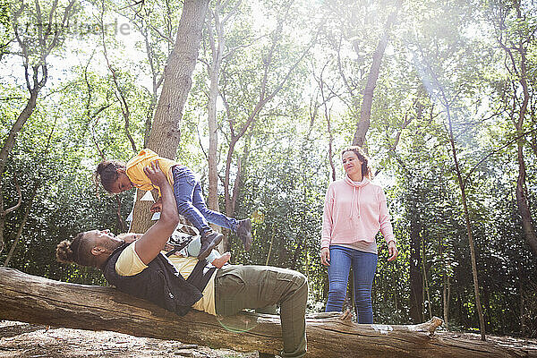 Familie spielen auf gefallenen Stamm unter Bäumen in sonnigen Sommer Wald