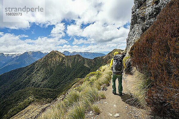 Wanderer auf Wanderweg Kepler Track  Great Walk  Ausblick auf Murchison Mountains  Fiordland National Park  Southland  Neuseeland  Ozeanien