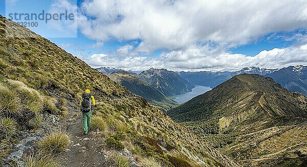 Wanderer auf Wanderweg Kepler Track  Great Walk  Ausblick auf South Fiord des Lake Te Anau  hinten Murchison Mountains  Fiordland National Park  Southland  Neuseeland  Ozeanien