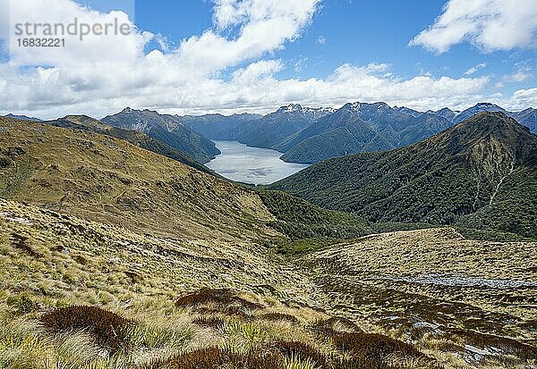 South Fiord des Lake Te Anau  Murchison Mountains  dahinter Südalpen  Kepler Track  Fiordland National Park  Southland  Neuseeland  Ozeanien