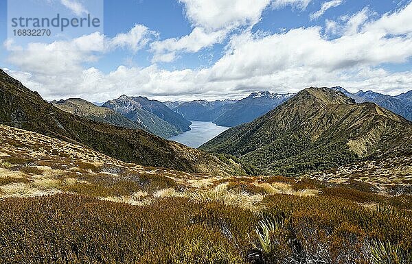 South Fiord des Lake Te Anau  Murchison Mountains  dahinter Südalpen  Kepler Track  Fiordland National Park  Southland  Neuseeland  Ozeanien