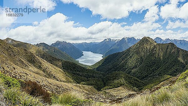 South Fiord des Lake Te Anau  Murchison Mountains  dahinter Südalpen  Kepler Track  Fiordland National Park  Southland  Neuseeland  Ozeanien