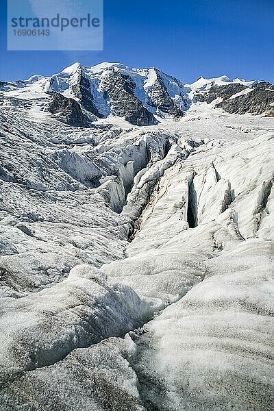 Pers Gletscher mit Aussicht auf Piz Palü  3905 (m)  Bellavista  3922 m  Graubünden  Schweiz  Europa