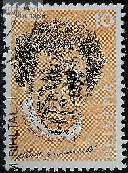 Alberto Giacometti  1901 -1966  ein Schweizer Bildhauer  Maler  Zeichner und Grafiker  Porträt auf einer schweizer Briefmarke