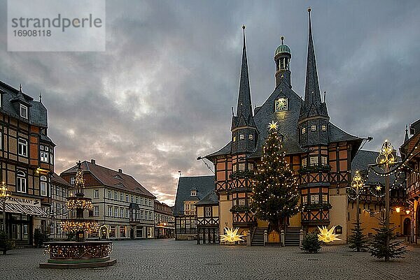 Historisches Rathaus  Weihnachtsbaum  neugotischer Wohltäterbrunnen  Wernigerode  Sachsen-Anhalt  Deutschland  Europa