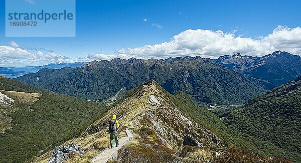 Wanderer auf Wanderweg  Ausblick auf Kepler Mountains  am Wanderweg Kepler Track  Great Walk  Fiordland National Park  Southland  Neuseeland  Ozeanien