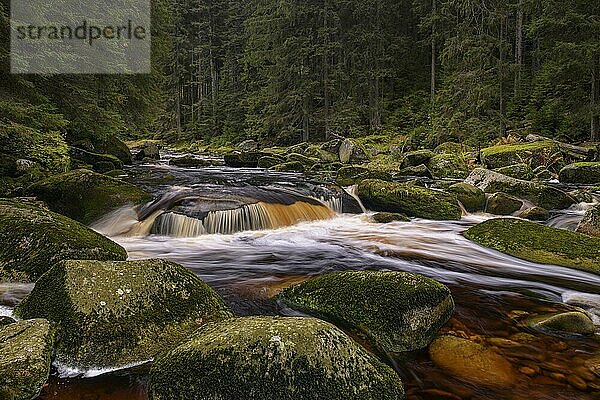 Wasserfall an der Vydra mit riesigen Felsblöcken im Flussbett  Nationalpark Sumava  Böhmerwald  Tschechien  Europa