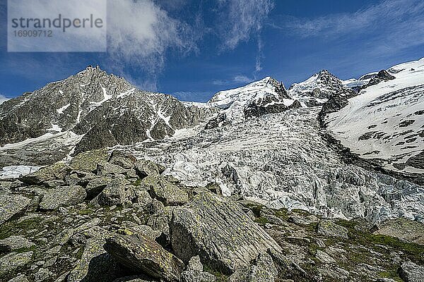 La Jonction  Gletscherzunge  Glacier des Bossons trifft auf Glacier de Taconnaz  Gipfel des Aiguille du Midi  Mont Maudit  Chamonix  Haute-Savoie  Frankreich  Europa