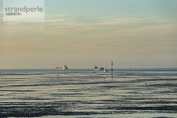 Blick über das Wattenmeer zum Weltschifffahrtsweg Elbe mit Frachtschiffen  Cuxhaven  Niedersachsen  Deutschland  Europa