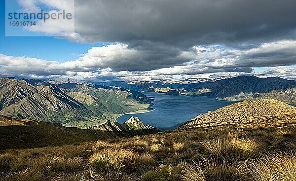 Blick auf Lake Hawea  See und Berglandschaft  Ausblick vom Isthmus Peak  Wanaka  Otago  Südinsel  Neuseeland  Ozeanien