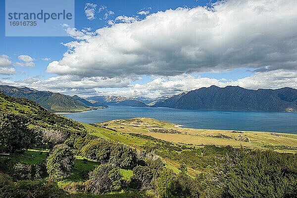 Blick auf Lake Hawea  See und Berglandschaft  Ausblick vom Wanderweg zum Isthmus Peak  Wanaka  Otago  Südinsel  Neuseeland  Ozeanien