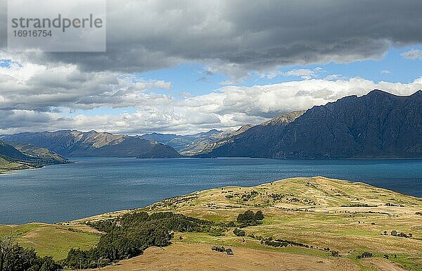 Blick auf Lake Hawea  See und Berglandschaft  Ausblick vom Wanderweg zum Isthmus Peak  Wanaka  Otago  Südinsel  Neuseeland  Ozeanien