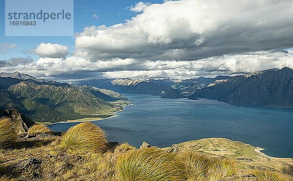 Blick auf Lake Hawea  See und Berglandschaft  Ausblick vom Isthmus Peak  Wanaka  Otago  Südinsel  Neuseeland  Ozeanien