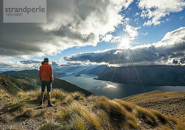 Wanderer blickt in die Ferne  Blick auf Lake Wanaka bei Sonnenschein  See und Berglandschaft  Ausblick vom Isthmus Peak  Wanaka  Otago  Südinsel  Neuseeland  Ozeanien