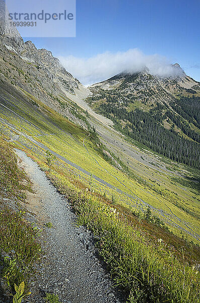 Blick auf den Pacific Crest Trail durch ein weites Alpental und eine Wiese  Herbst
