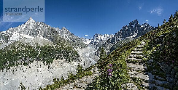 Wanderweg Grand Balcon Nord  Gletscherzunge Mer de Glace  hinten Grandes Jorasses  Mont-Blanc-Massiv  Chamonix  Frankreich  Europa