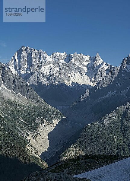 Blick auf Gletscherzunge  Mer de Glace  Berggipfel  Les Periades  Mont-Blanc-Massiv  Chamonix-Mont-Blanc  Rhône-Alpes  Frankreich  Europa