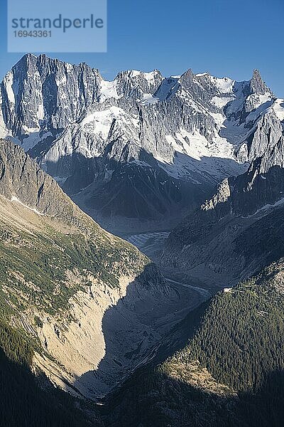Blick auf Gletscherzunge  Mer de Glace  Berggipfel  Les Periades  Mont-Blanc-Massiv  Chamonix-Mont-Blanc  Rhône-Alpes  Frankreich  Europa