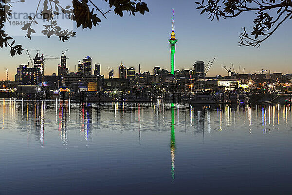 Sky Tower und Skyline am Westhaven Marina  Auckland  Nordinsel  Neuseeland  Pazifik