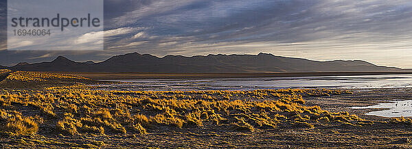 Sonnenaufgang in den Salinen von Chalviri (Salar de Chalviri)  Altiplano von Bolivien im Nationalen Reservat der Andenfauna Eduardo Avaroa