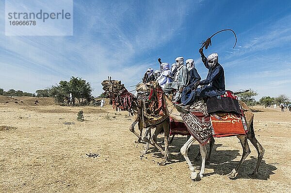 Bunte Kamelreiter bei einem Tribal-Festival  Sahelzone  Tschad  Afrika