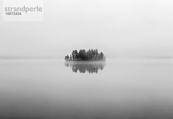 Einsame Insel spiegelt sich im ruhigen Wasser des Sees an einem nebligen Tag  Maine