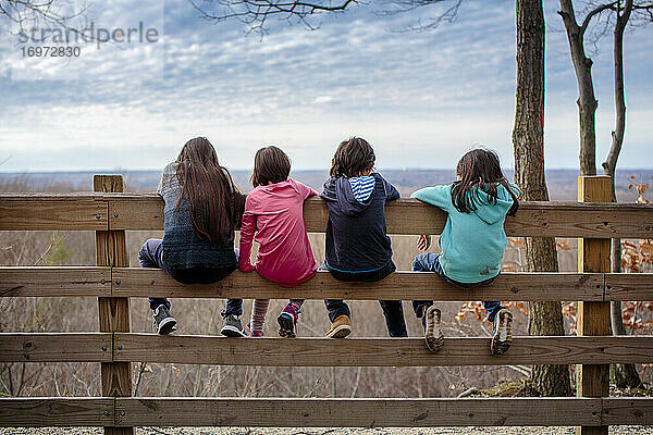 Vier Kinder sitzen ruhig zusammen auf einem Zaun und blicken auf ein Tal