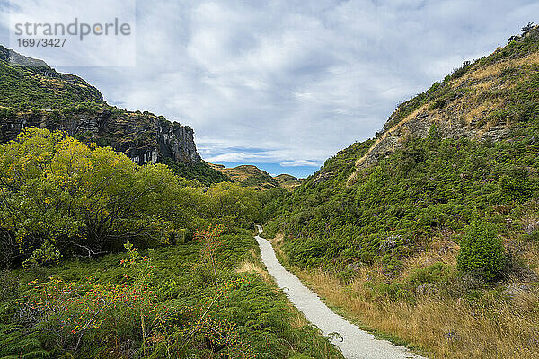 Pfad inmitten eines Grasfeldes im Diamond Lake Conservation Area  Neuseeland