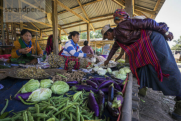 Frauen verkaufen frisches Gemüse auf dem Straßenmarkt in einem Dorf am See