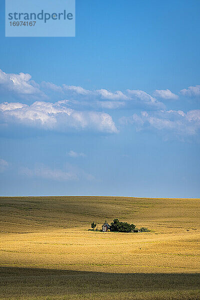 Landschaftliche Ansicht einer Scheune auf einem Feld in der Nähe von Kyjov  Bezirk Hodonin  Südmährische Region  Mähren  Tschechische Republik