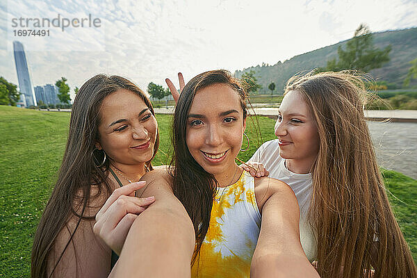 Gruppe von Teenager-Freunden macht ein Selfie-Foto im Park  während sie