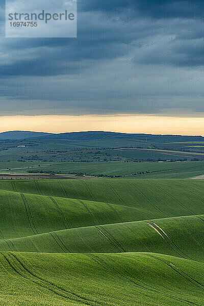 Landschaftliche Ansicht der grünen Hügel in der Nähe von Kyjov mit dramatischen Gewitterwolken  Bezirk Hodonin  Südmährische Region  Mähren  Tschechische Republik