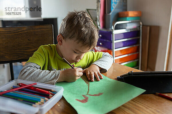 Konzentrierter Junge schafft zu Hause Kunst