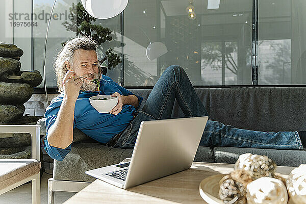 Älterer Mann mit Bart lächelt und arbeitet mit seinem Laptop auf einem Sofa