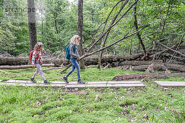 zwei Mädchen  die bei einer Frühlingswanderung über Holzplanken laufen