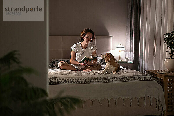 Frau liest ein Buch in der Nähe eines Hundes am Abend
